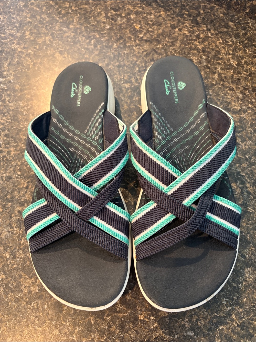 Clarks Cloud Stepper Navy and Teal Crisscross Slide Sandals - Picture 2 of 4